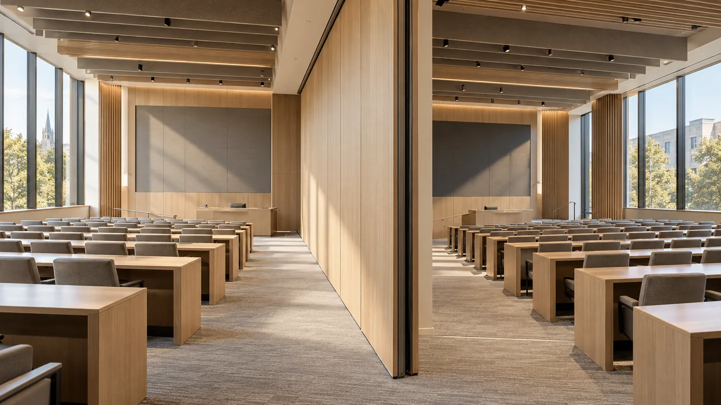 University lecture hall divided in two by an operable wall