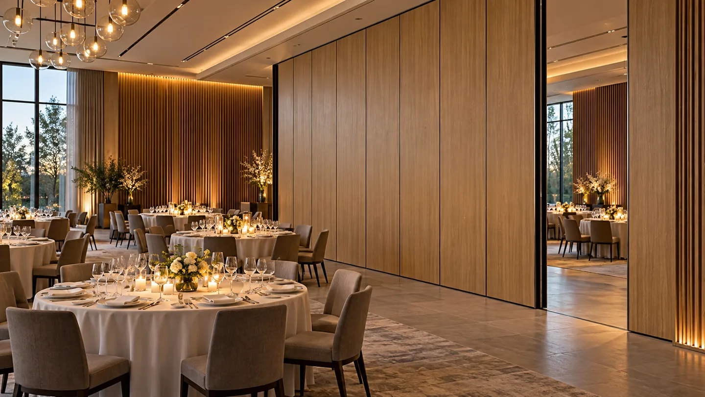 Banquet hall with slatted acoustic panels and an operable wall