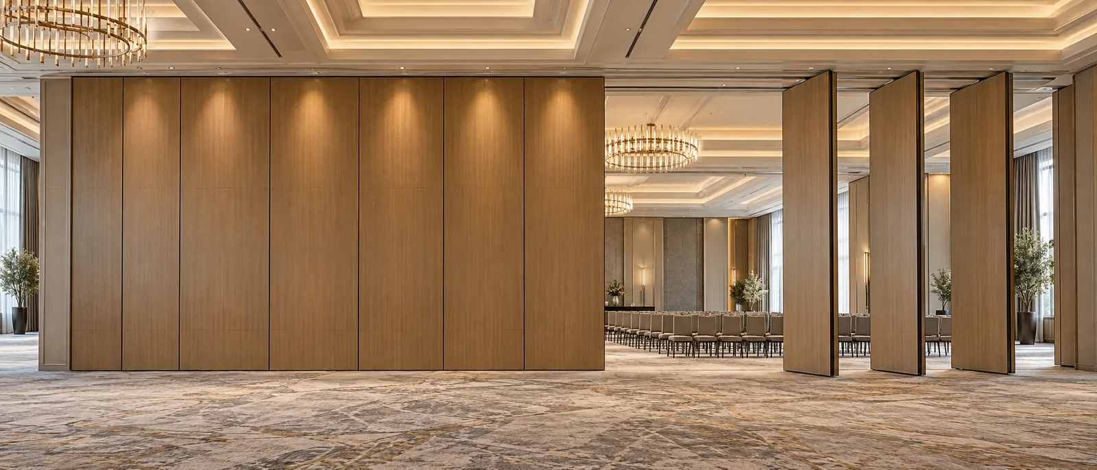 Hotel ballroom divided by an oak-veneered operable acoustic wall