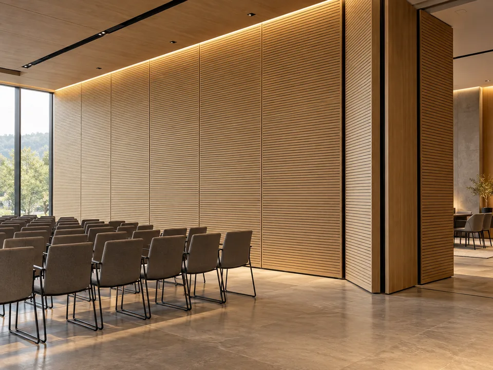 Slotted oak-veneer acoustic panels in a conference hall