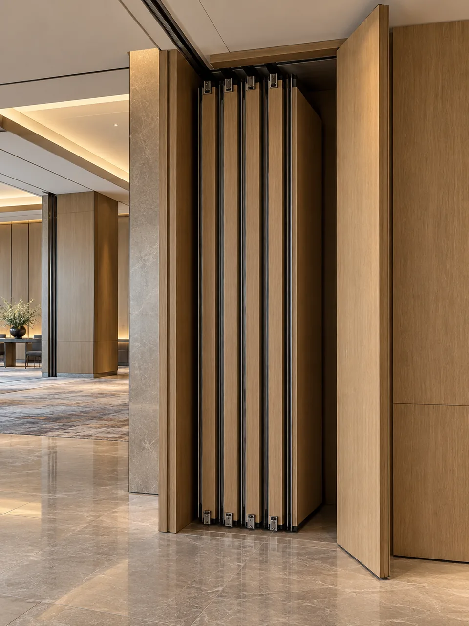 Operable wall panels stacked in a wall recess
