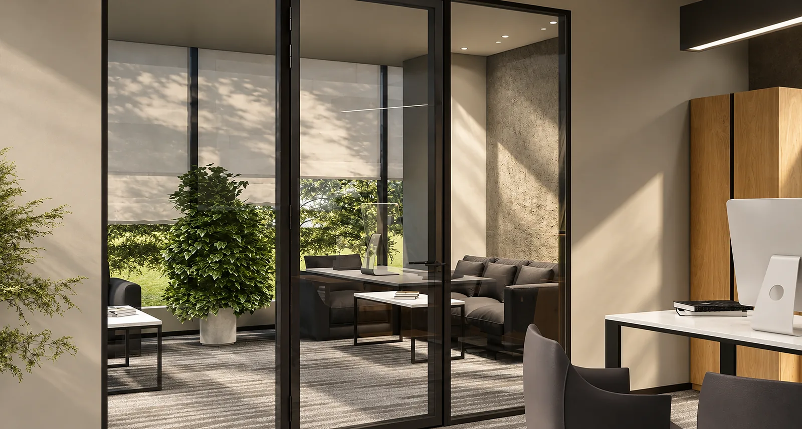 Aluminium doors and partitions in an office interior