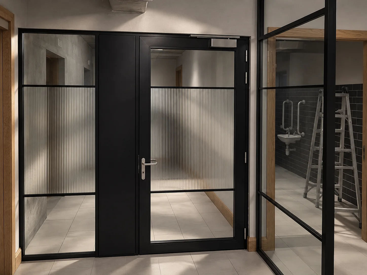 Aluminium doors and partitions in an office interior