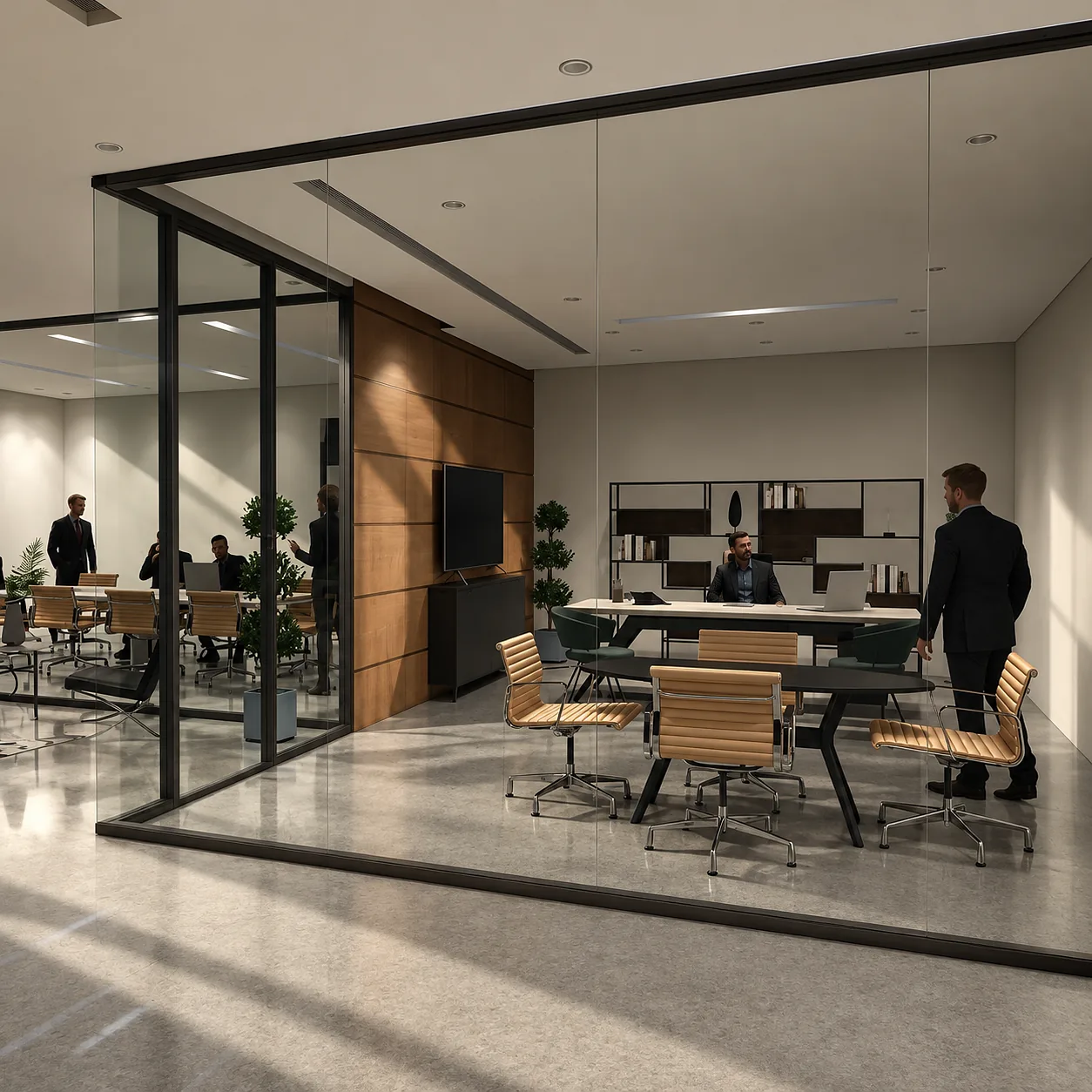 Aluminium doors and partitions in an office interior