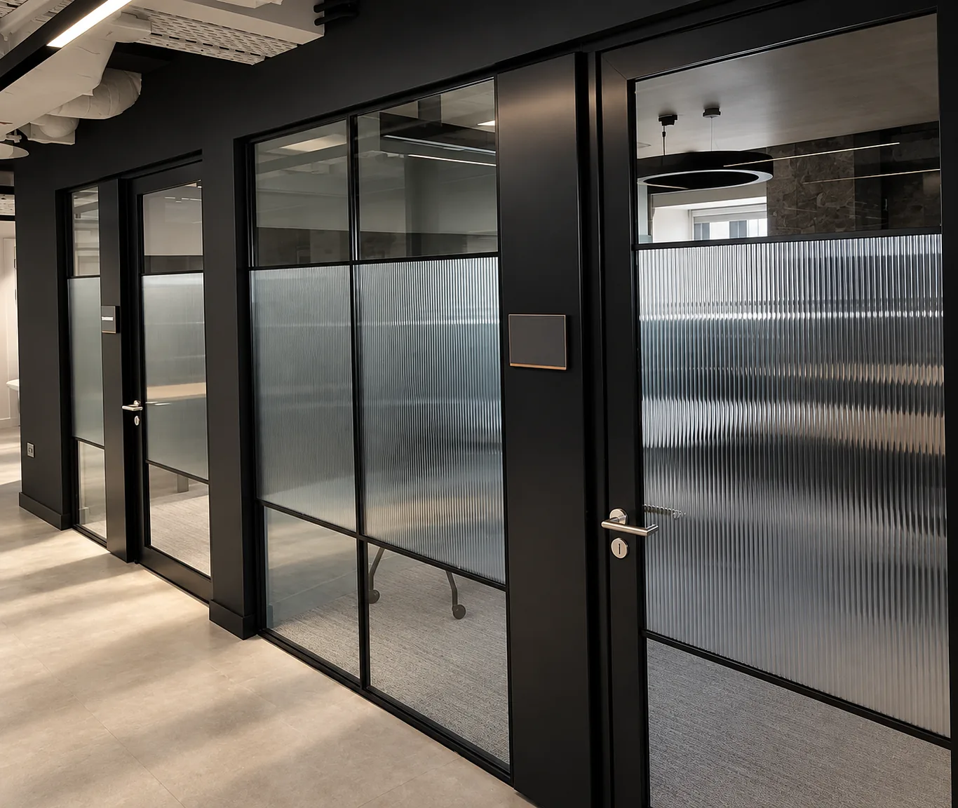 Aluminium doors and partitions in an office interior