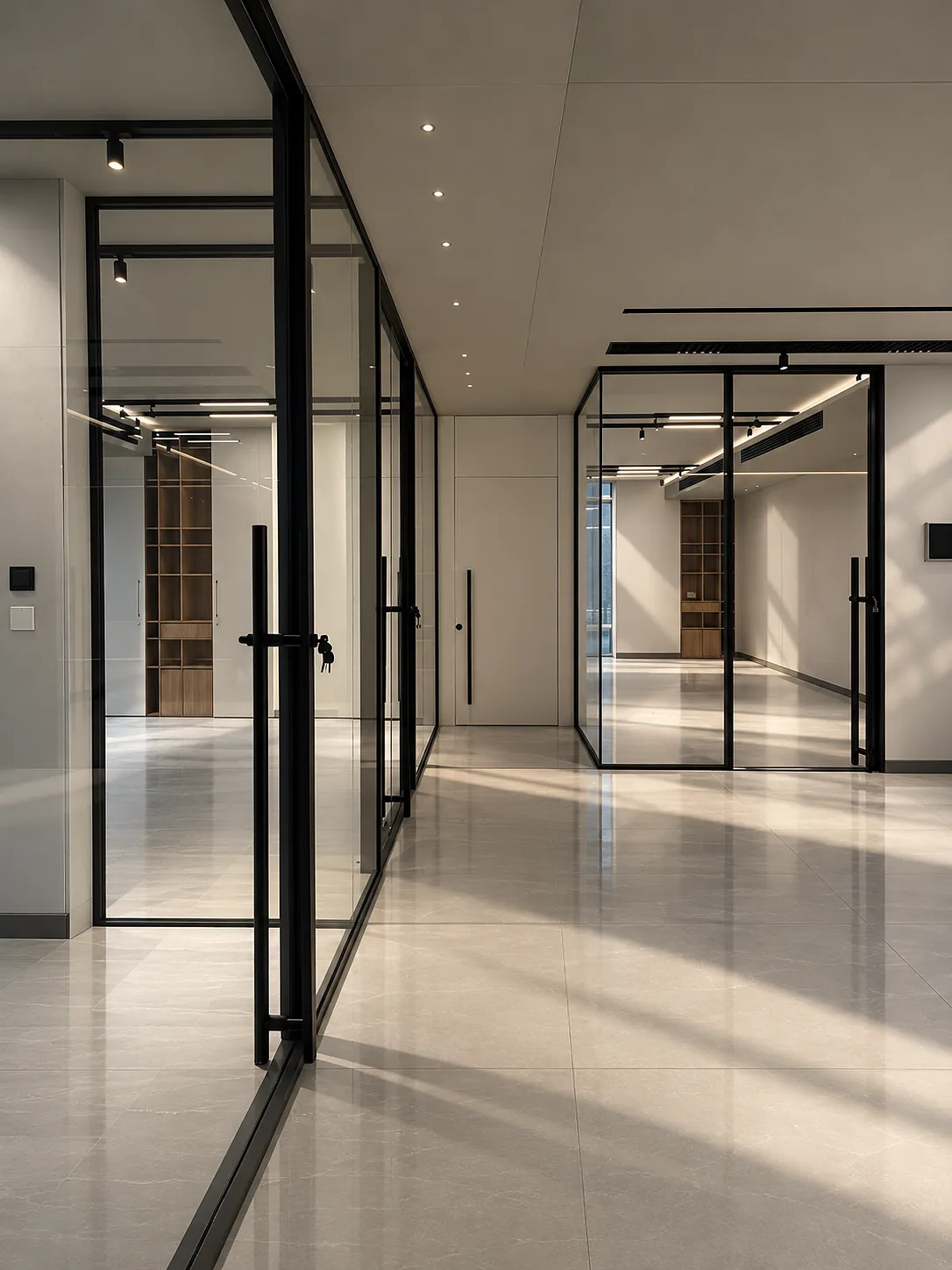 Aluminium doors and partitions in an office interior