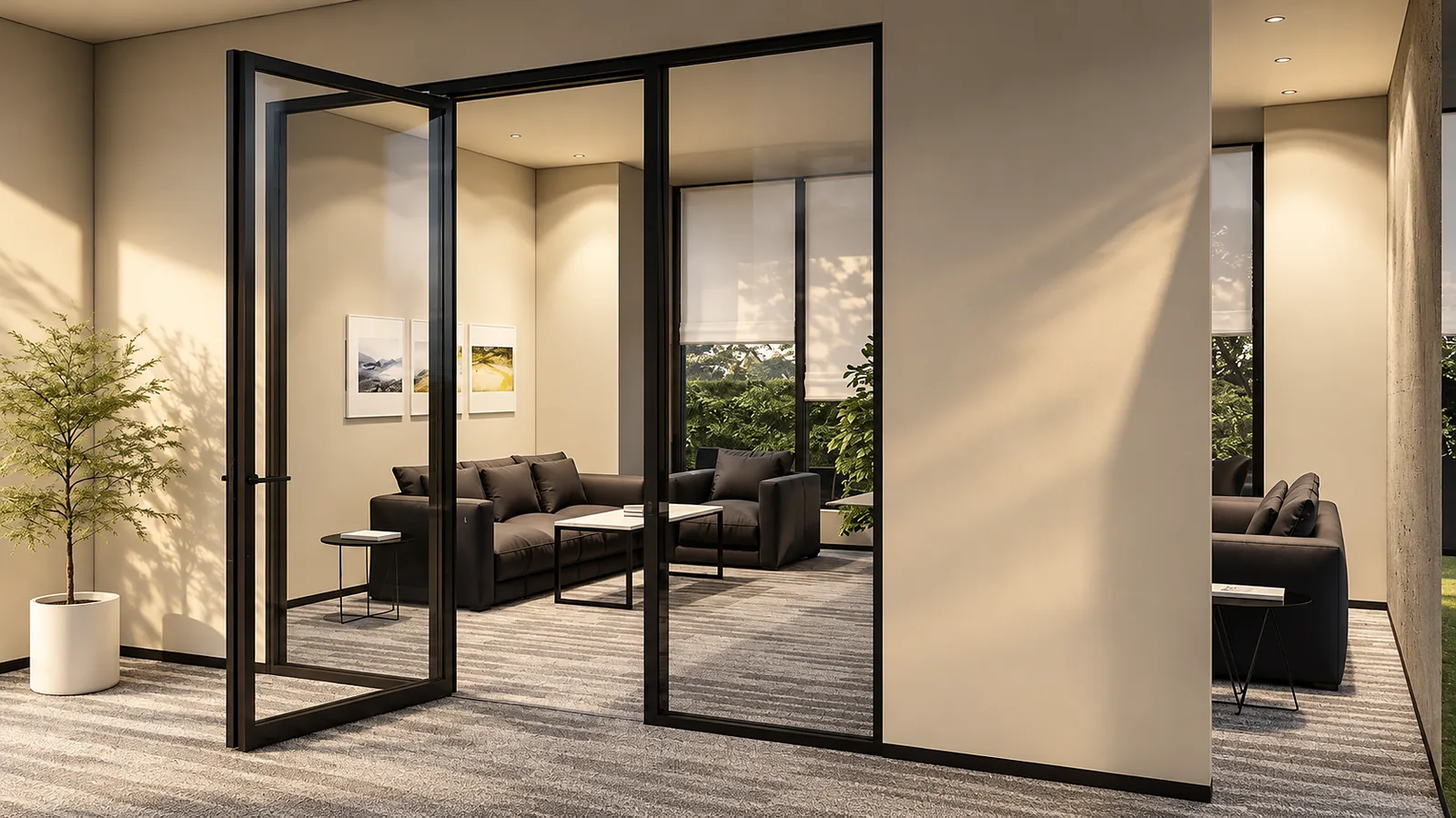 Aluminium doors and partitions in an office interior