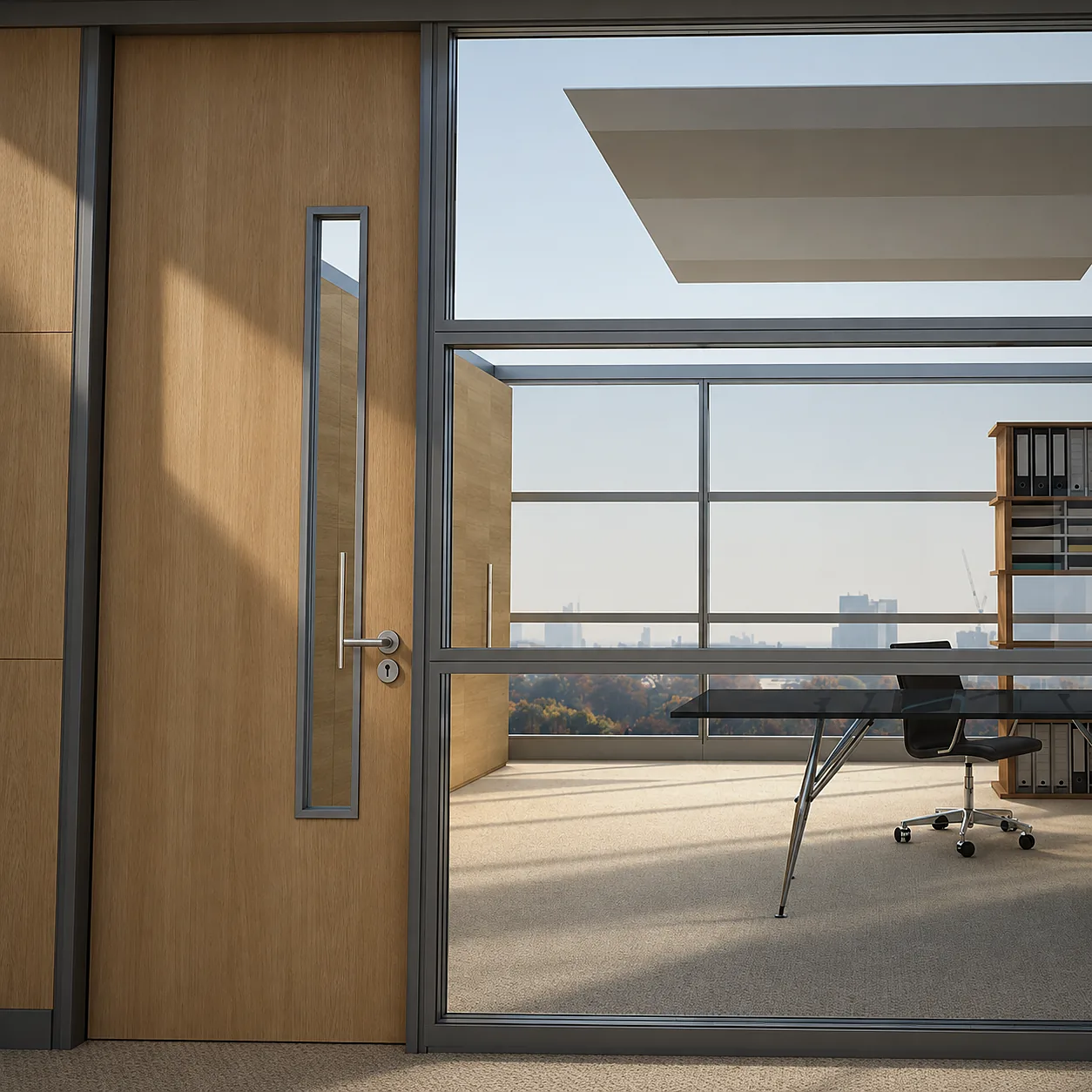 Fire-rated door with vision glazing in a partition