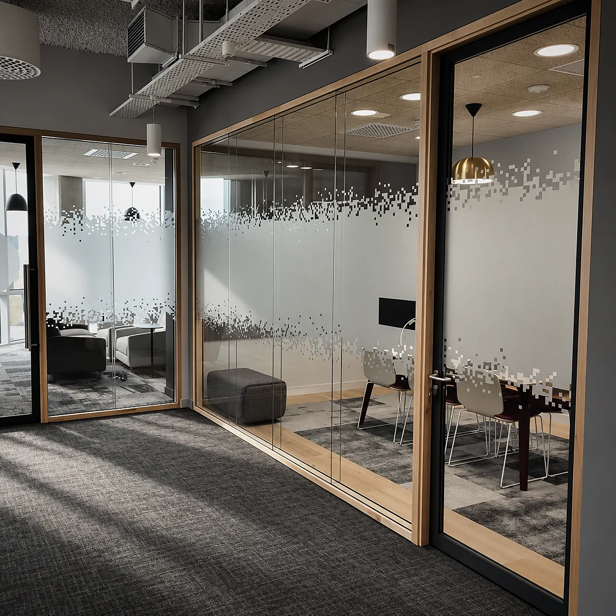 Glazed partition with frosted decoration