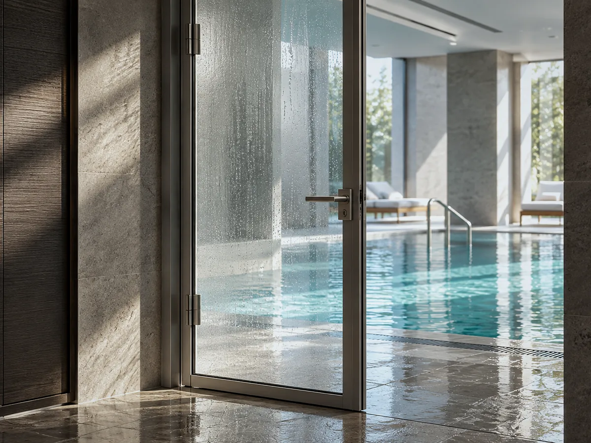 Glazed door in an aluminium profile between the spa and the pool