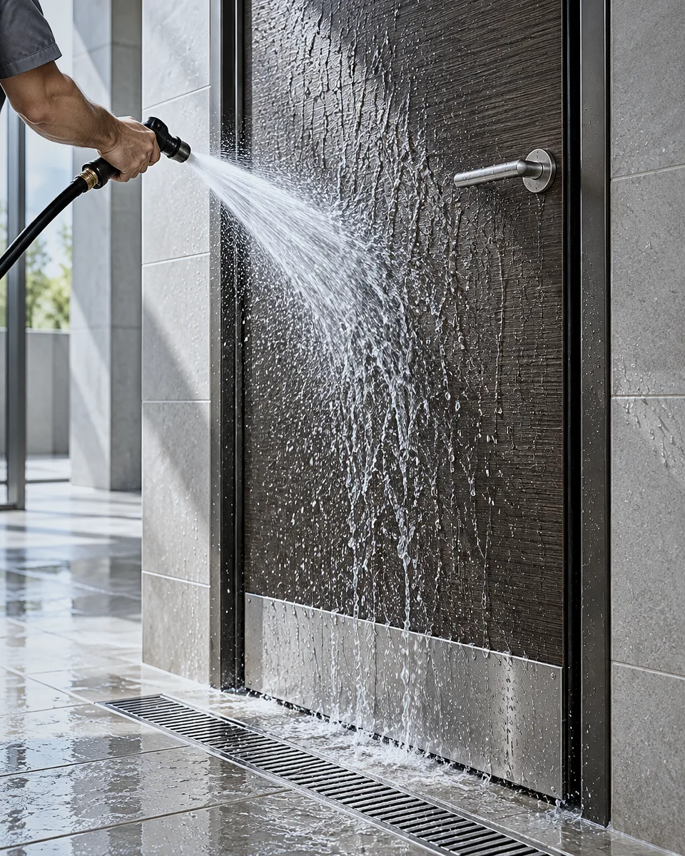 A composite door being hosed down: water runs off the leaf and kick plate