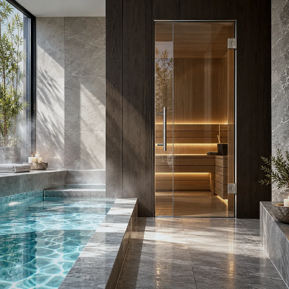 Glass sauna door in a spa area