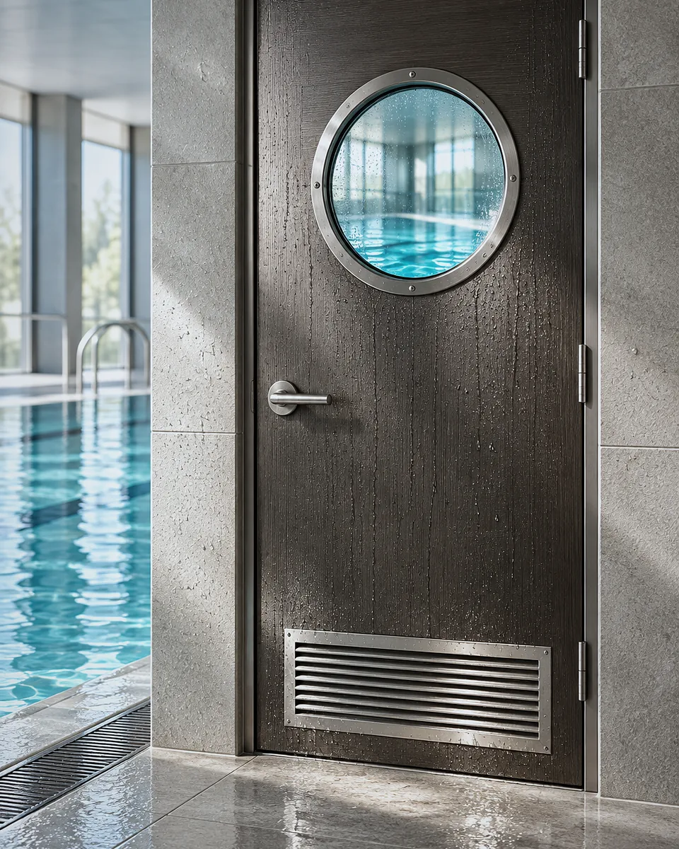 Composite door with round glazing and a ventilation grille