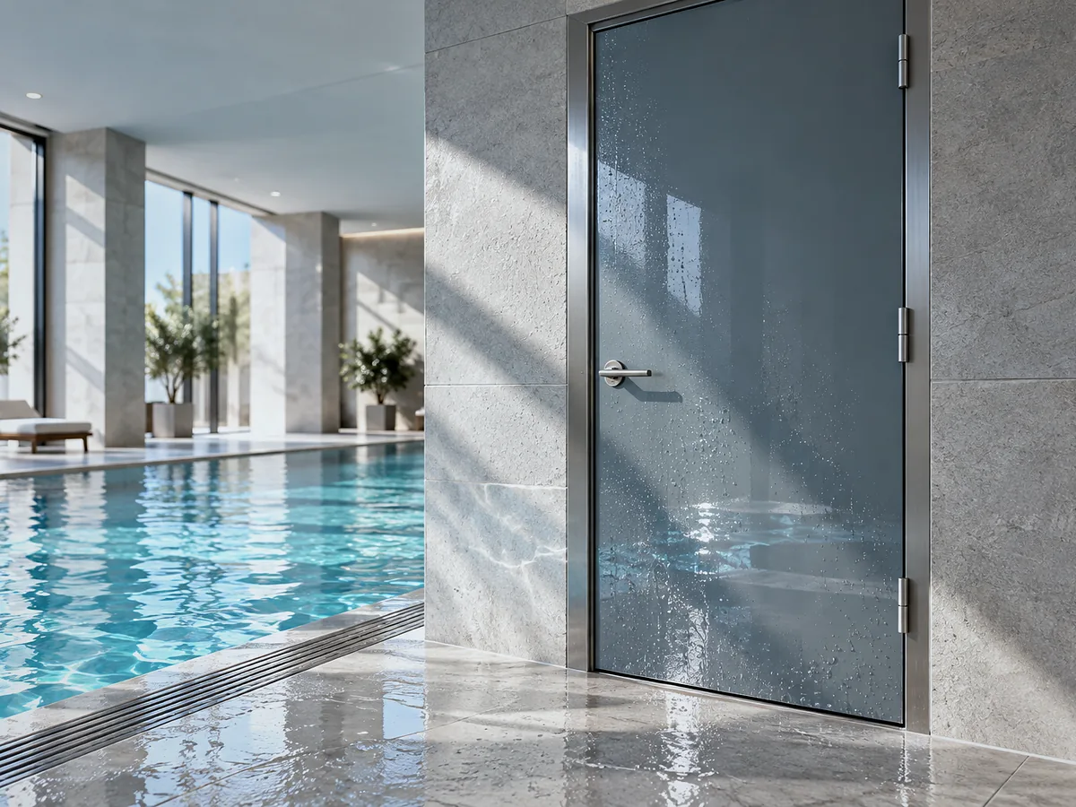 Fibreglass door in a swimming pool hall