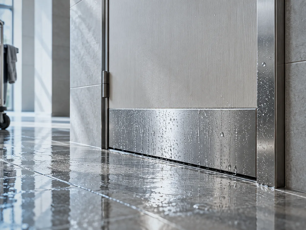 Stainless steel kick plate on a wet-area door