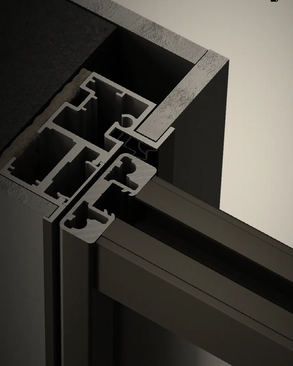 Section through the aluminium frame of a concealed door