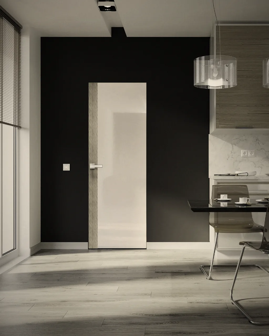 Concealed door in a kitchen-living room wall