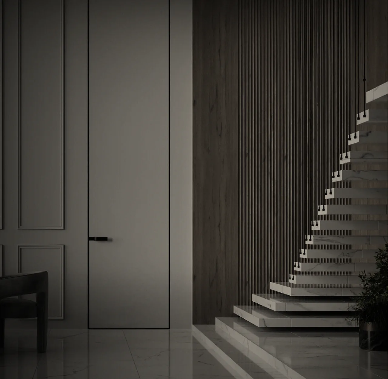 Concealed door next to a slatted wall and staircase