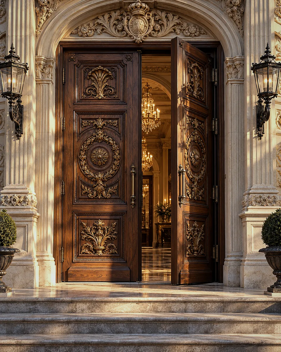 Carved double doors in solid oak within a stone portal: one leaf open, showing leaf thickness and frame