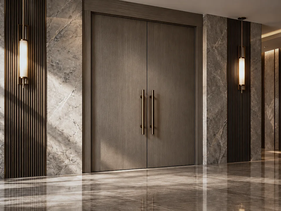 Doors with a decorative finish in a hotel lobby