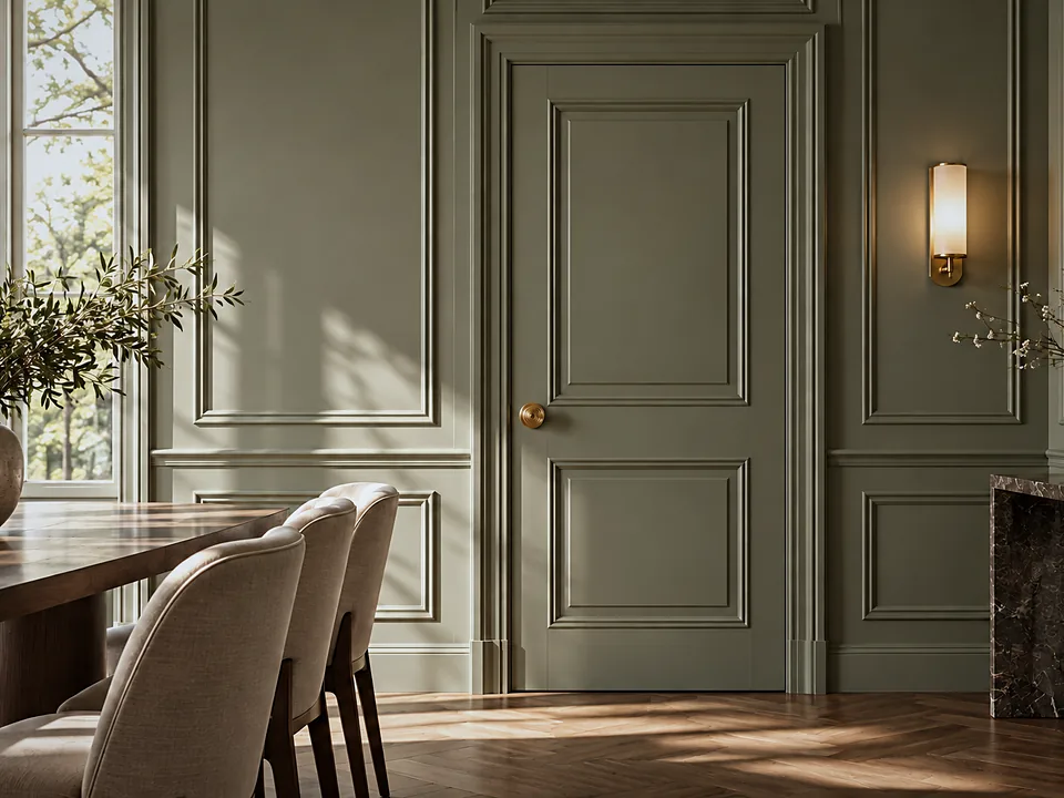 Dark flush door with a coated finish in an interior