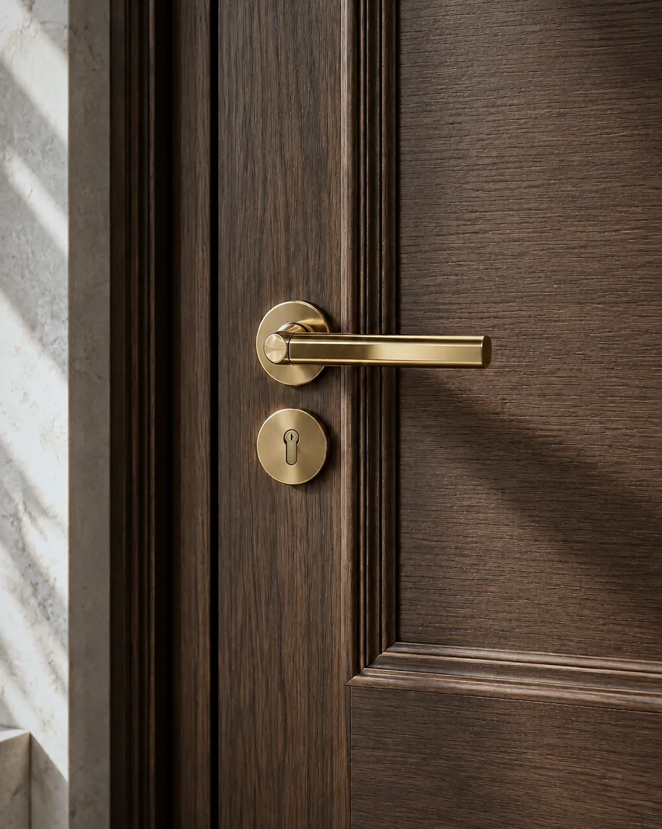 Lever handle on a veneered leaf