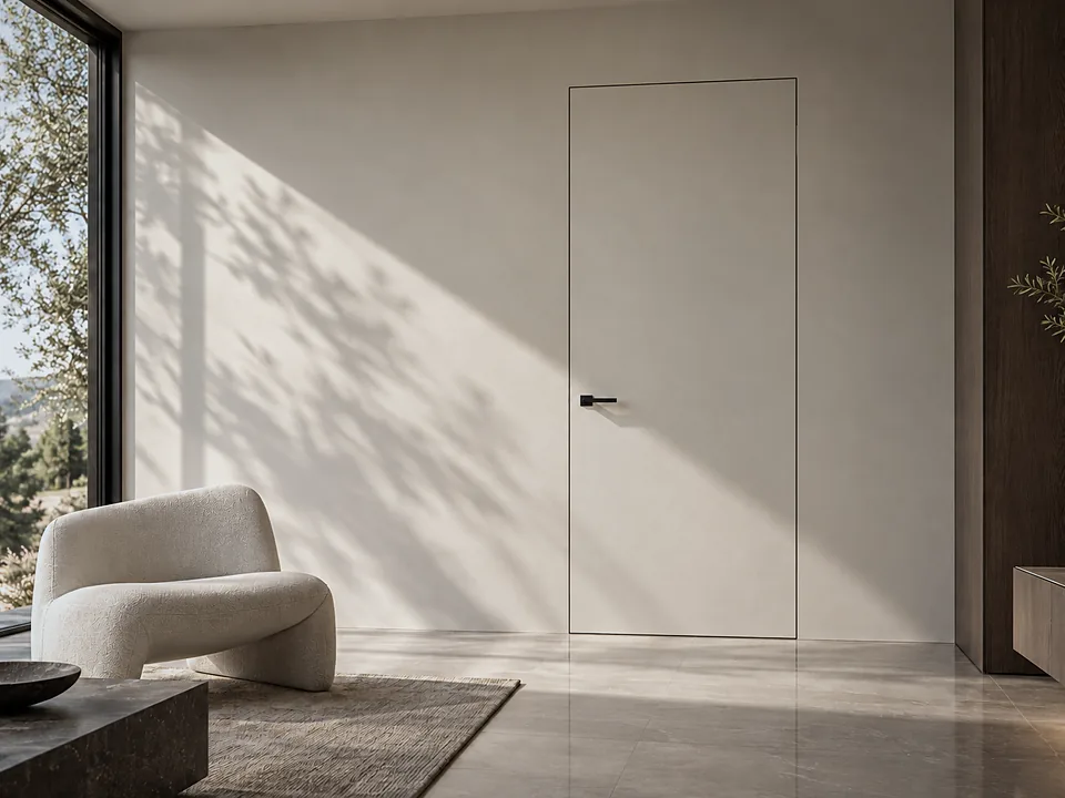 Paint-finish concealed door matched to the wall colour