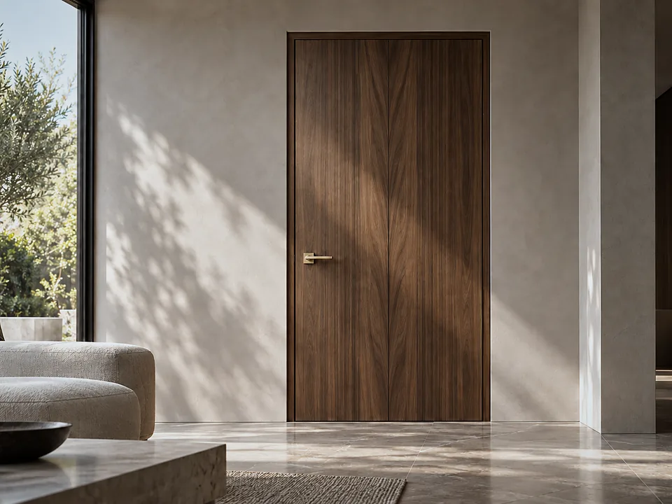 Natural walnut veneer door in an interior