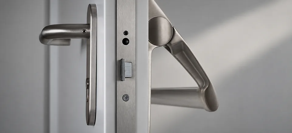 Handles and mortice lock on a fire-rated door