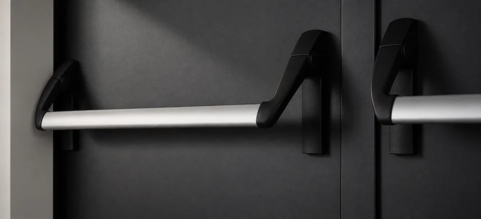 Panic bars on a double-leaf fire-rated door