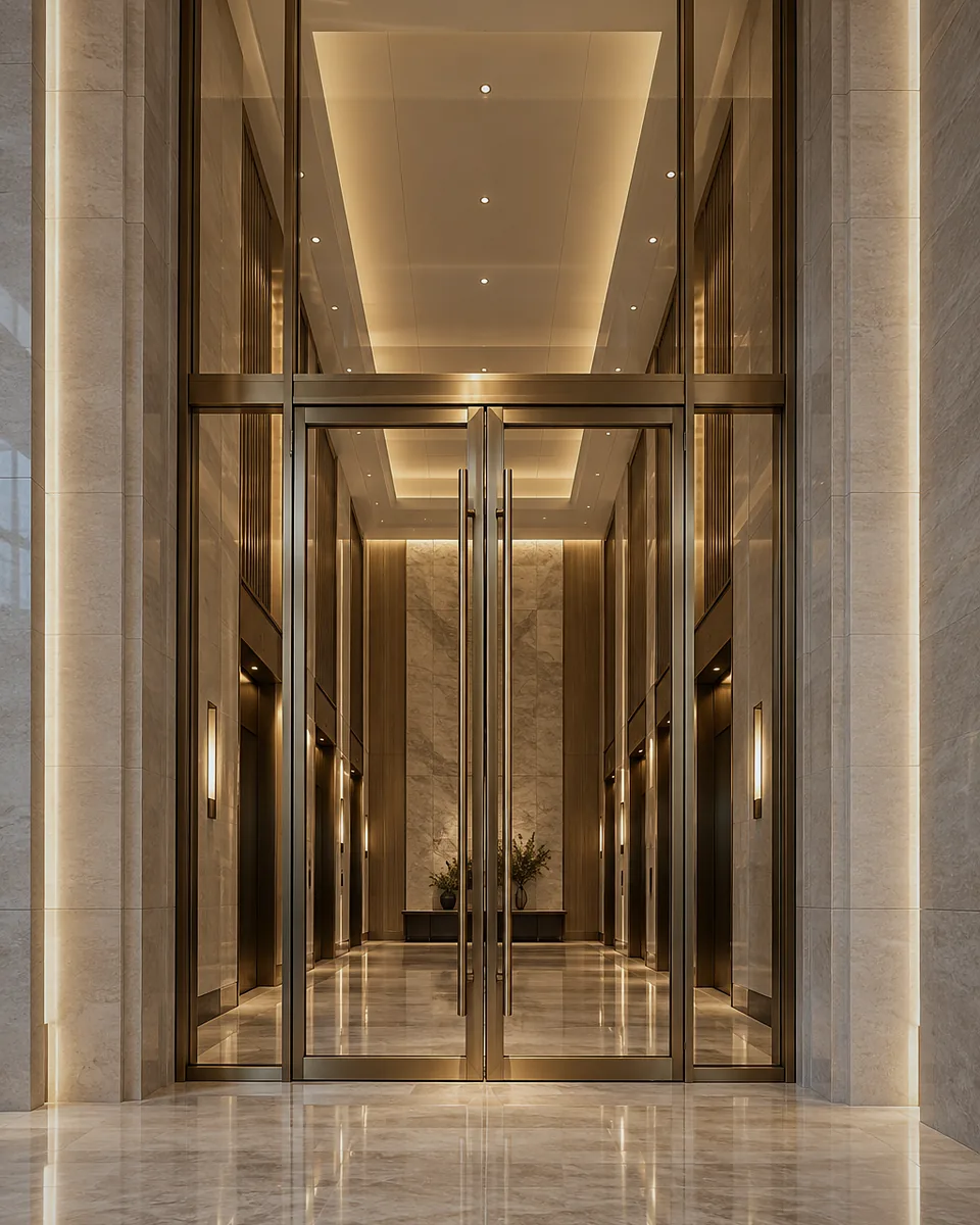 Glazed entrance system in metal profiles with brass finish in a lobby