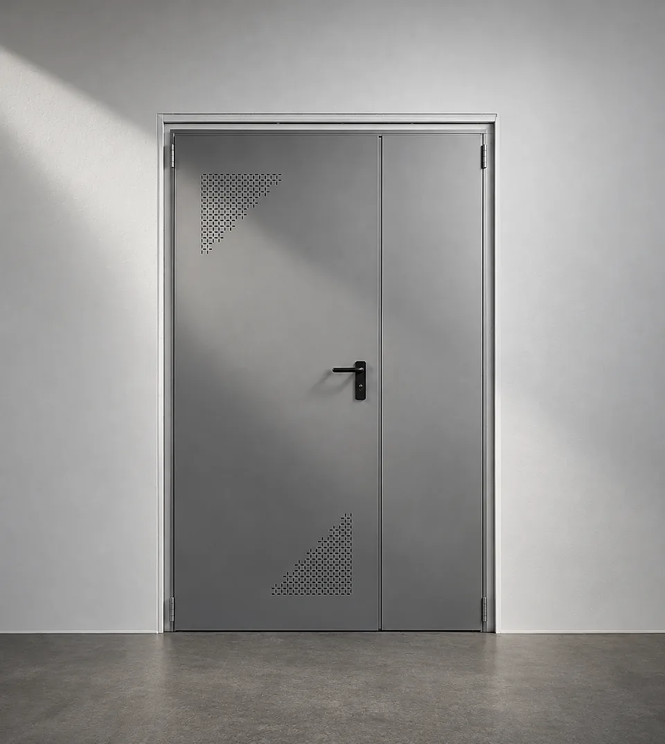 Light grey double-leaf steel door