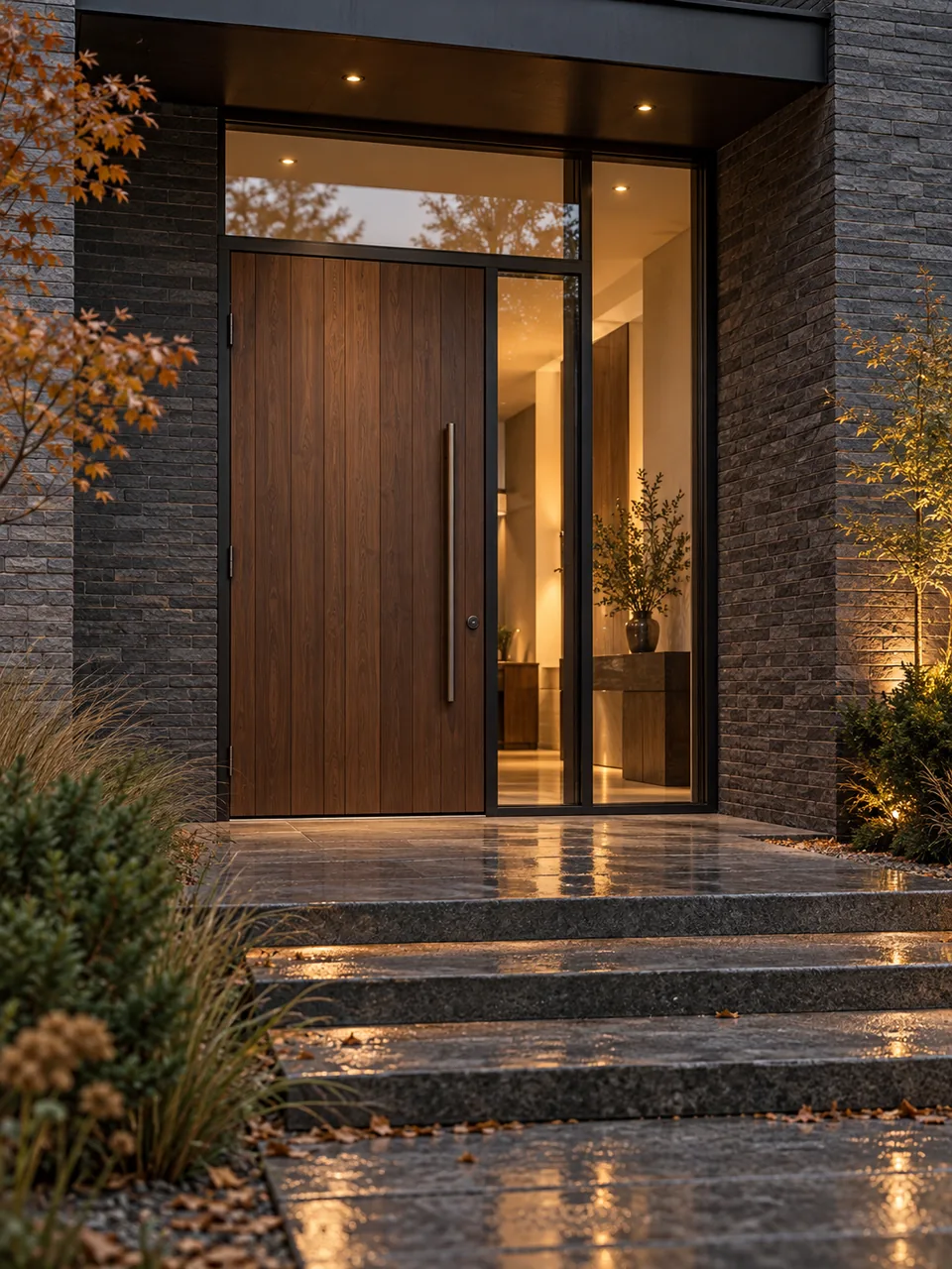 Thermally broken external entrance door with sidelights and transom