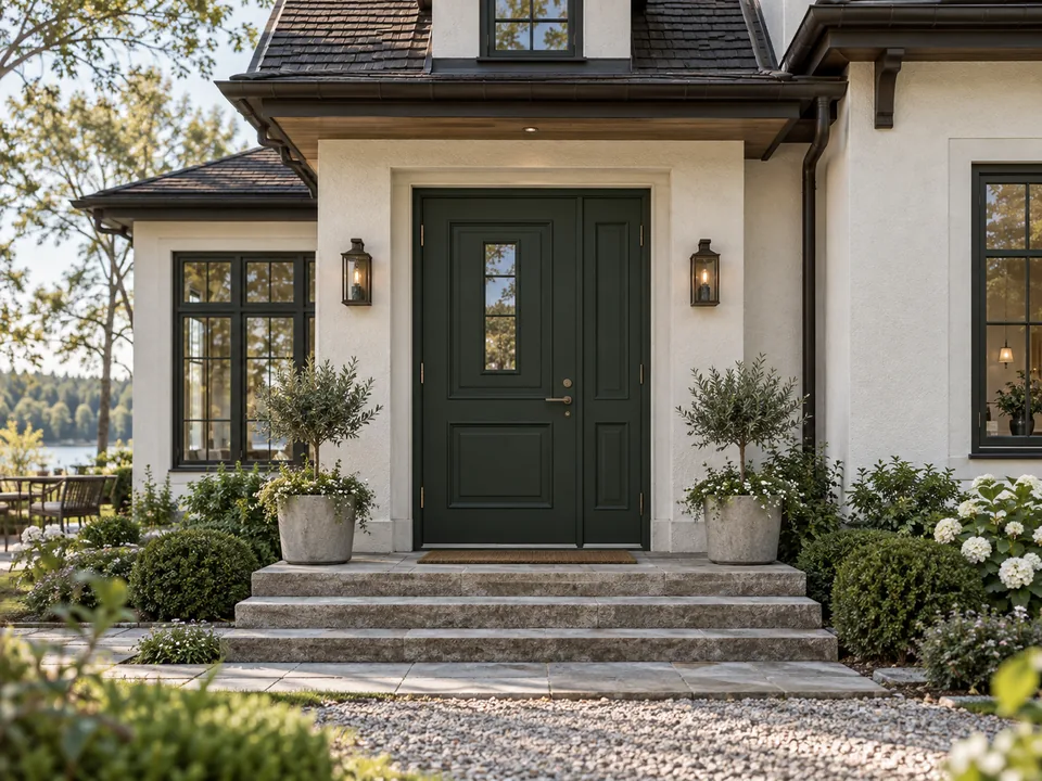Classic dark green lacquered entrance door with glazing in a lakeside house