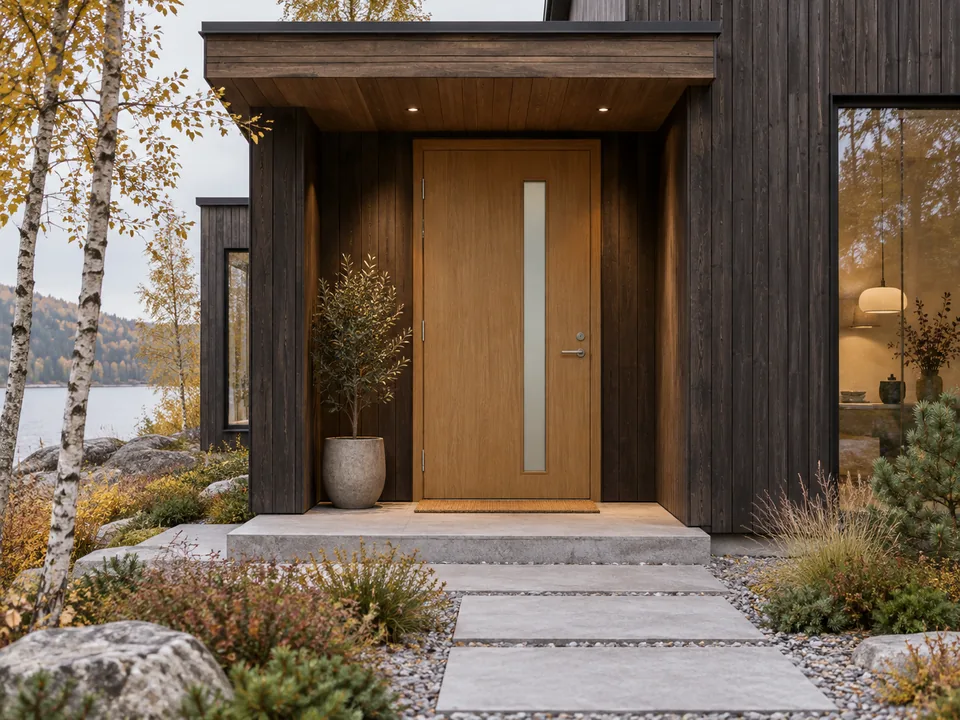 Oak entrance door with a glass insert in a Nordic lakeside house