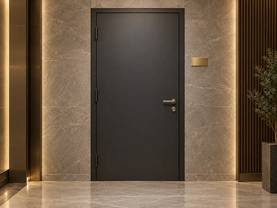 Graphite lacquered apartment door, viewed from the landing