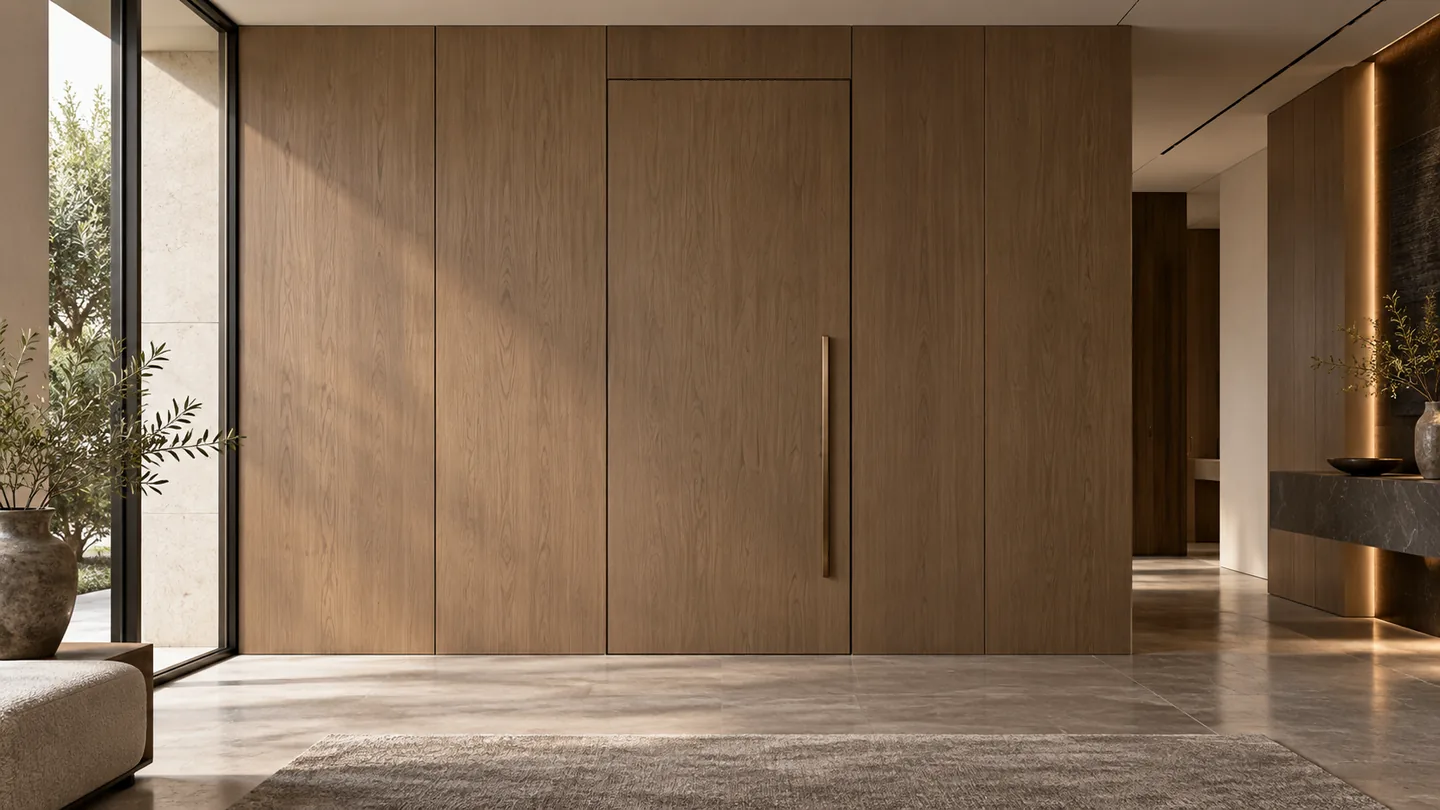 Entrance door with concealed hinges in a veneered panel wall