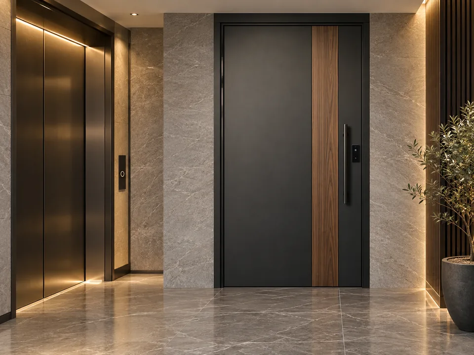 Contemporary apartment door with an aluminium frame and walnut insert