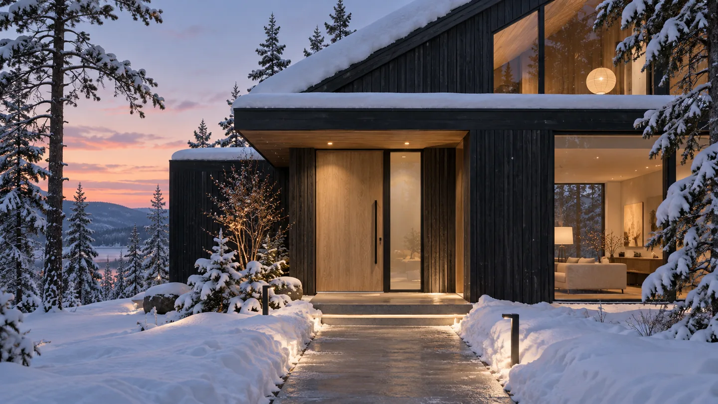 Light oak entrance door of a Scandinavian house in winter