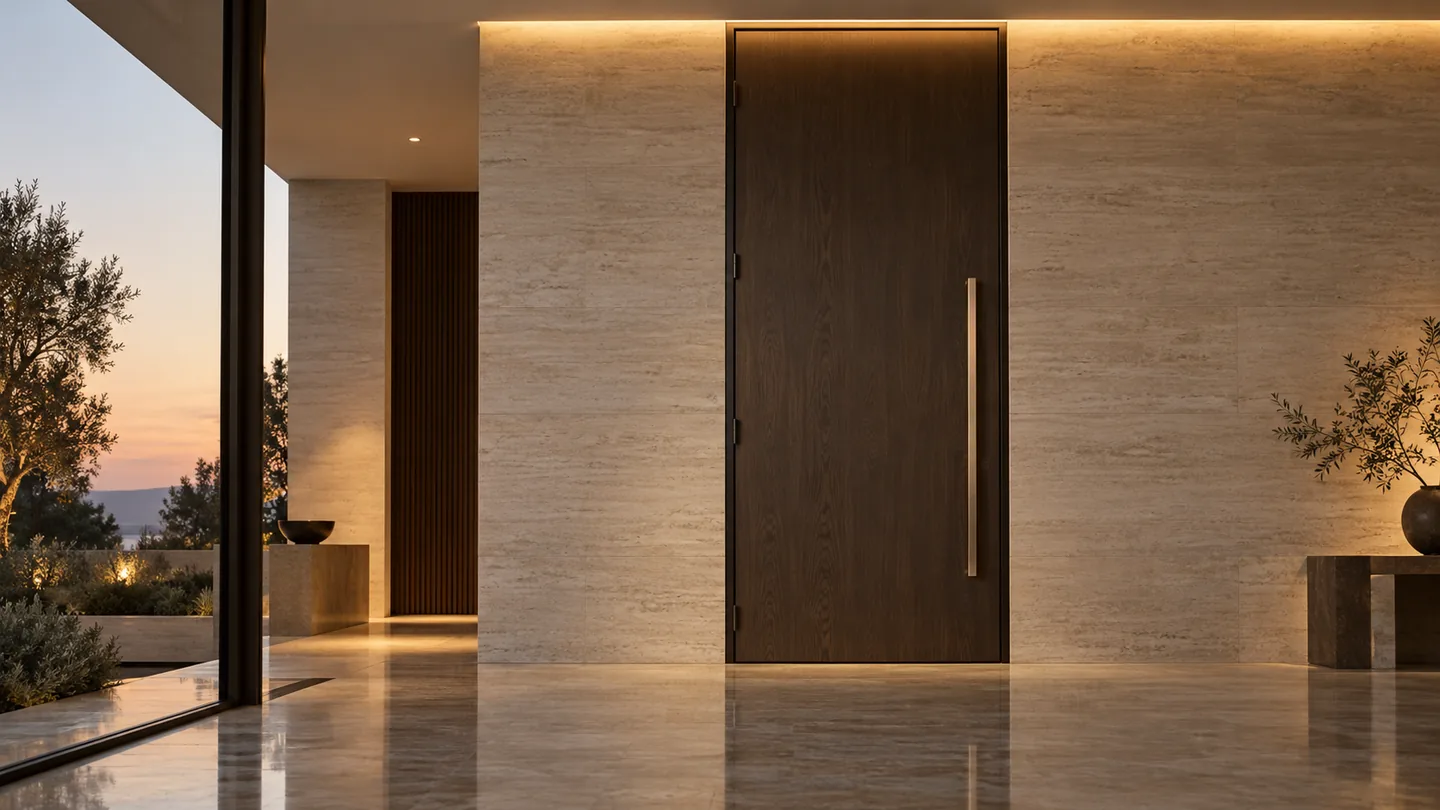 Oak veneer entrance door with a bronze handle in the travertine wall of a residence