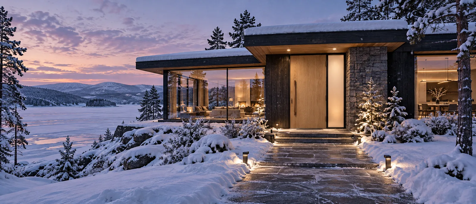 Light oak entrance door of a modern house by a frozen lake in winter
