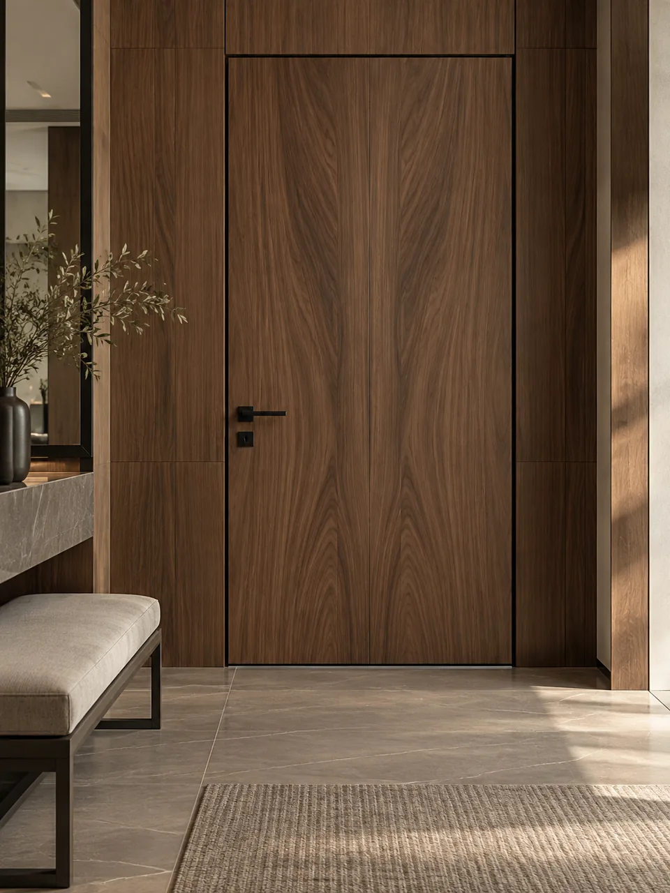 Apartment entrance door with a walnut veneer inner panel