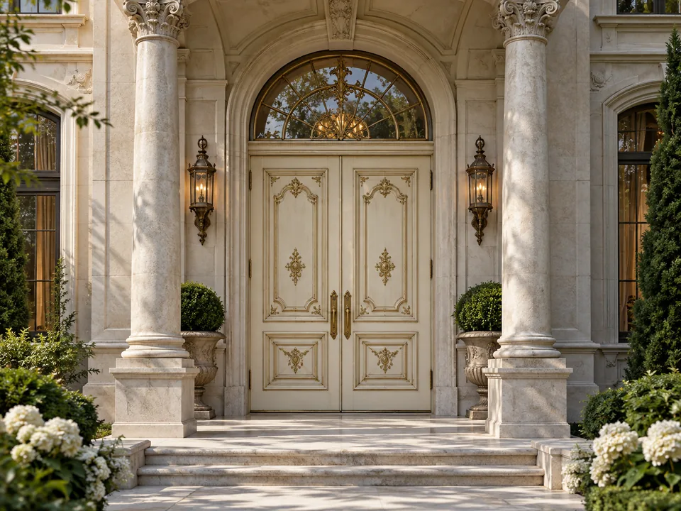 Classic double-leaf panelled door with an arched transom