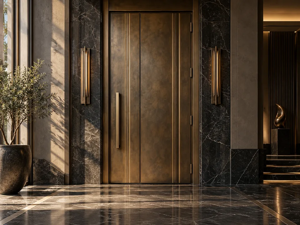 Entrance door with a patinated bronze finish
